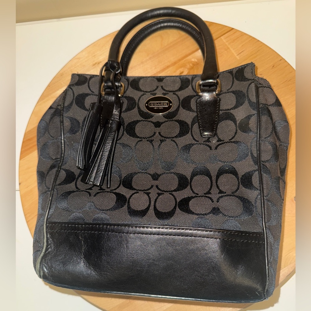 Coach Mini Tanner Black Signature Canvas Tote with Leather Tassel